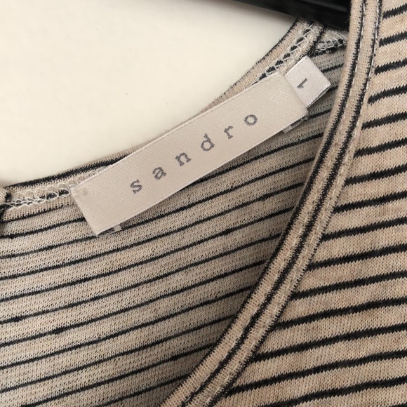 SANDRO KNIT STRIPE DRESS IN CREME/BLACK STRIPES WITH BROWN TIE - Picture 13 of 13